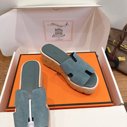 HM 26S WEDGE SANDALS IN TEAL BLUE SUEDE AND LAMBSKIN