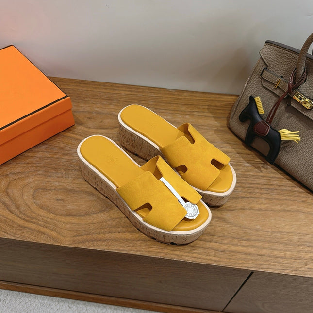 HM 26S WEDGE SANDALS IN MUSTARD YELLOW SUEDE AND LAMBSKIN