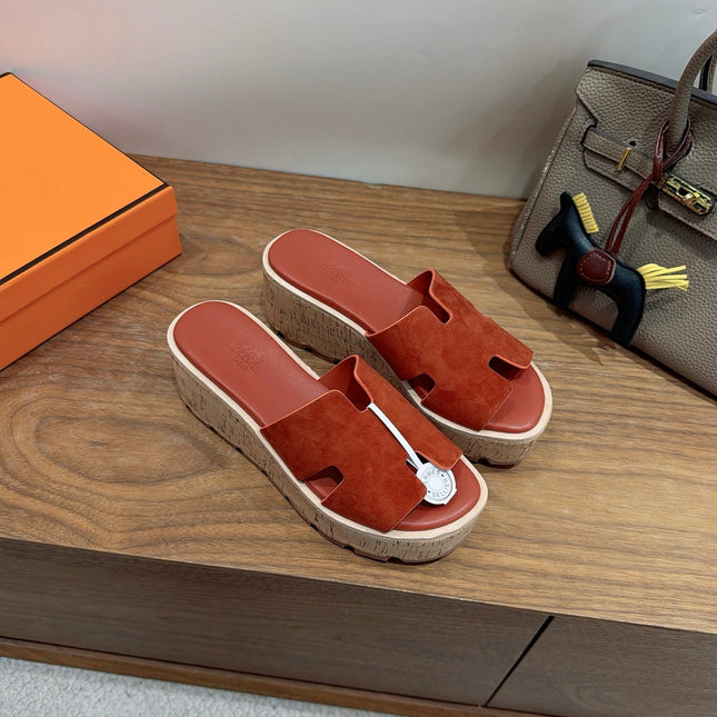 HM 26S WEDGE SANDALS IN REDDISH BROWN SUEDE AND LAMBSKIN