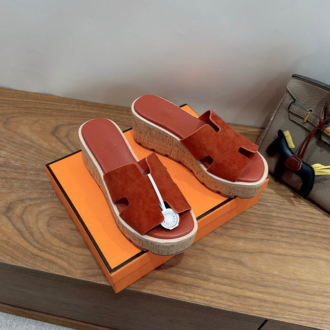 HM 26S WEDGE SANDALS IN REDDISH BROWN SUEDE AND LAMBSKIN