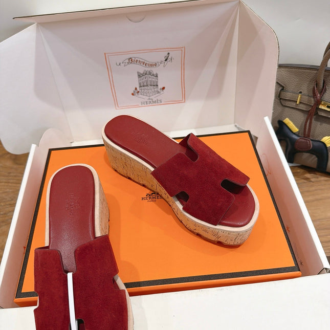 HM 26S WEDGE SANDALS IN DARK RED SUEDE AND LAMBSKIN