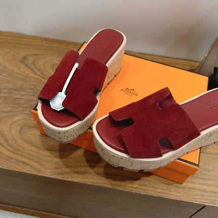 HM 26S WEDGE SANDALS IN DARK RED SUEDE AND LAMBSKIN