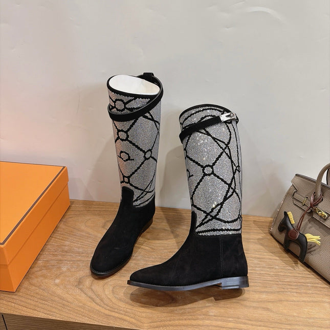 HM 26S JUMPING BOOTS IN BLACK SUEDE AND RHINESTONE FABRIC