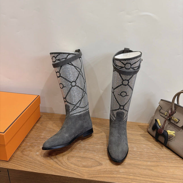 HM 26S JUMPING BOOTS IN DARK GREY SUEDE AND RHINESTONE FABRIC