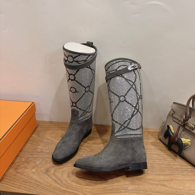 HM 26S JUMPING BOOTS IN DARK GREY SUEDE AND RHINESTONE FABRIC