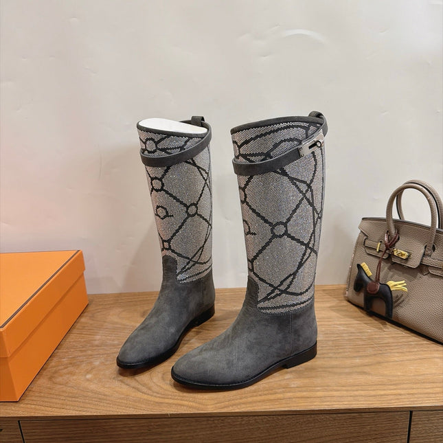 HM 26S JUMPING BOOTS IN DARK GREY SUEDE AND RHINESTONE FABRIC