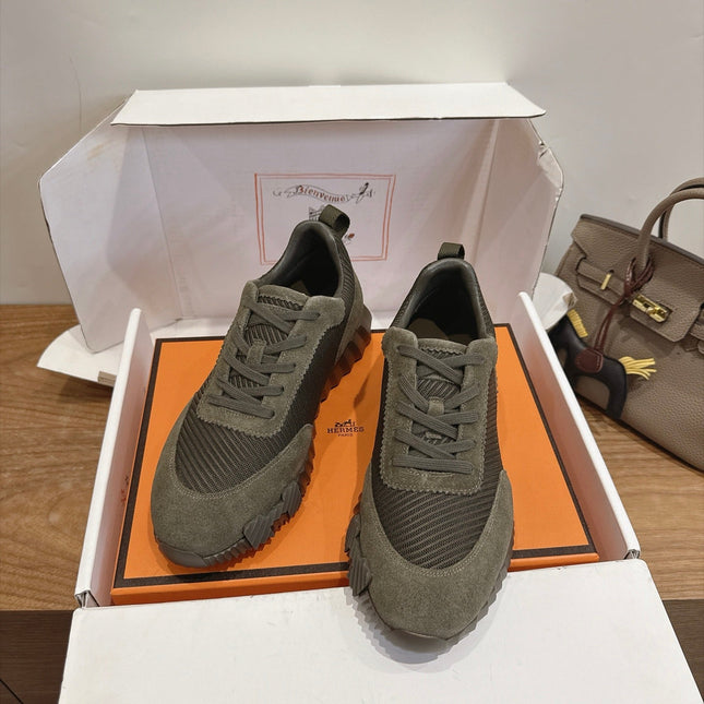 HM 26S BOUNCE SNEAKERS IN MOSS GREEN SUEDE AND FABRIC