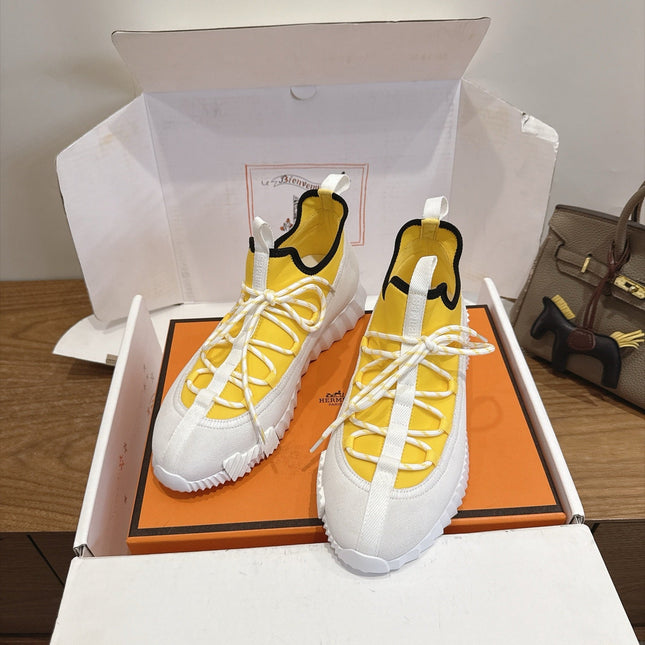 HM 26S BICOASTAL SNEAKERS IN WHITE SUEDE AND YELLOW FABRIC
