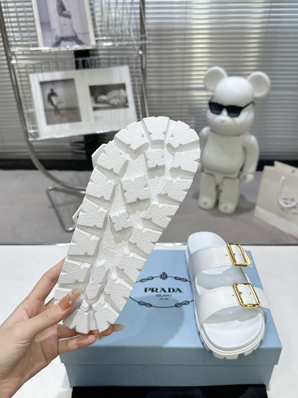 PRADA 25S STRAP SLIDES 30MM IN WHITE CALFSKIN GOLD HARDWARE