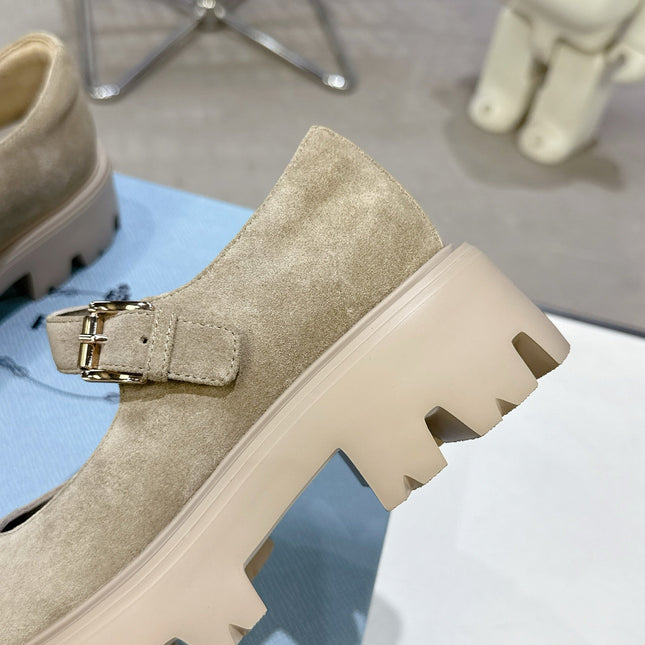 PRADA 25S PLATFORM MARY JANE SHOES IN BEIGE SUEDE STYLE 4
