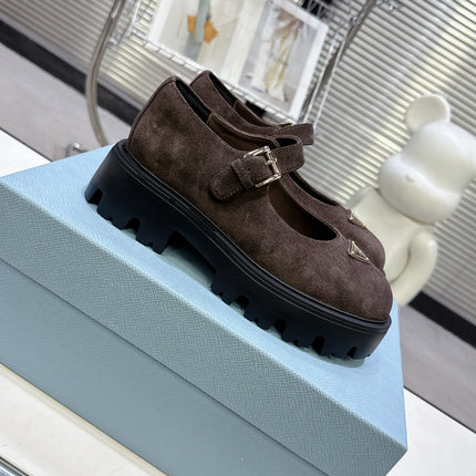 PRADA 25S PLATFORM MARY JANE SHOES IN DARK BROWN SUEDE STYLE 3
