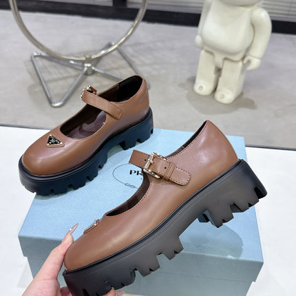 PRADA 25S PLATFORM MARY JANE SHOES IN BROWN CALFSKIN STYLE 1