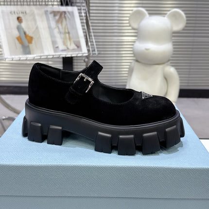 PRADA 25S PLATFORM MARY JANE SHOES IN BLACK SUEDE