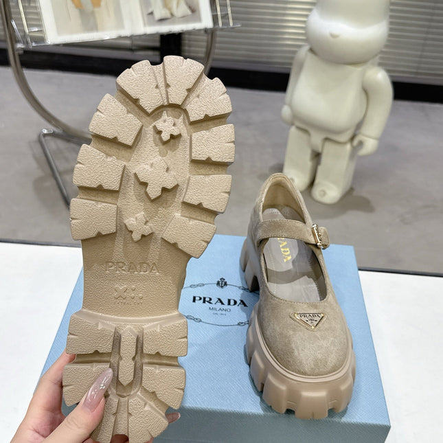PRADA 25S PLATFORM MARY JANE SHOES IN BEIGE SUEDE