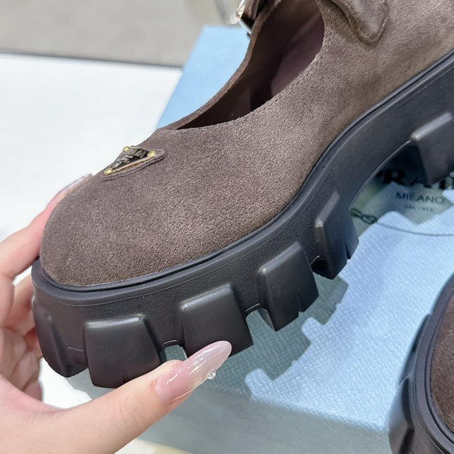 PRADA 25S PLATFORM MARY JANE SHOES IN DARK BROWN SUEDE