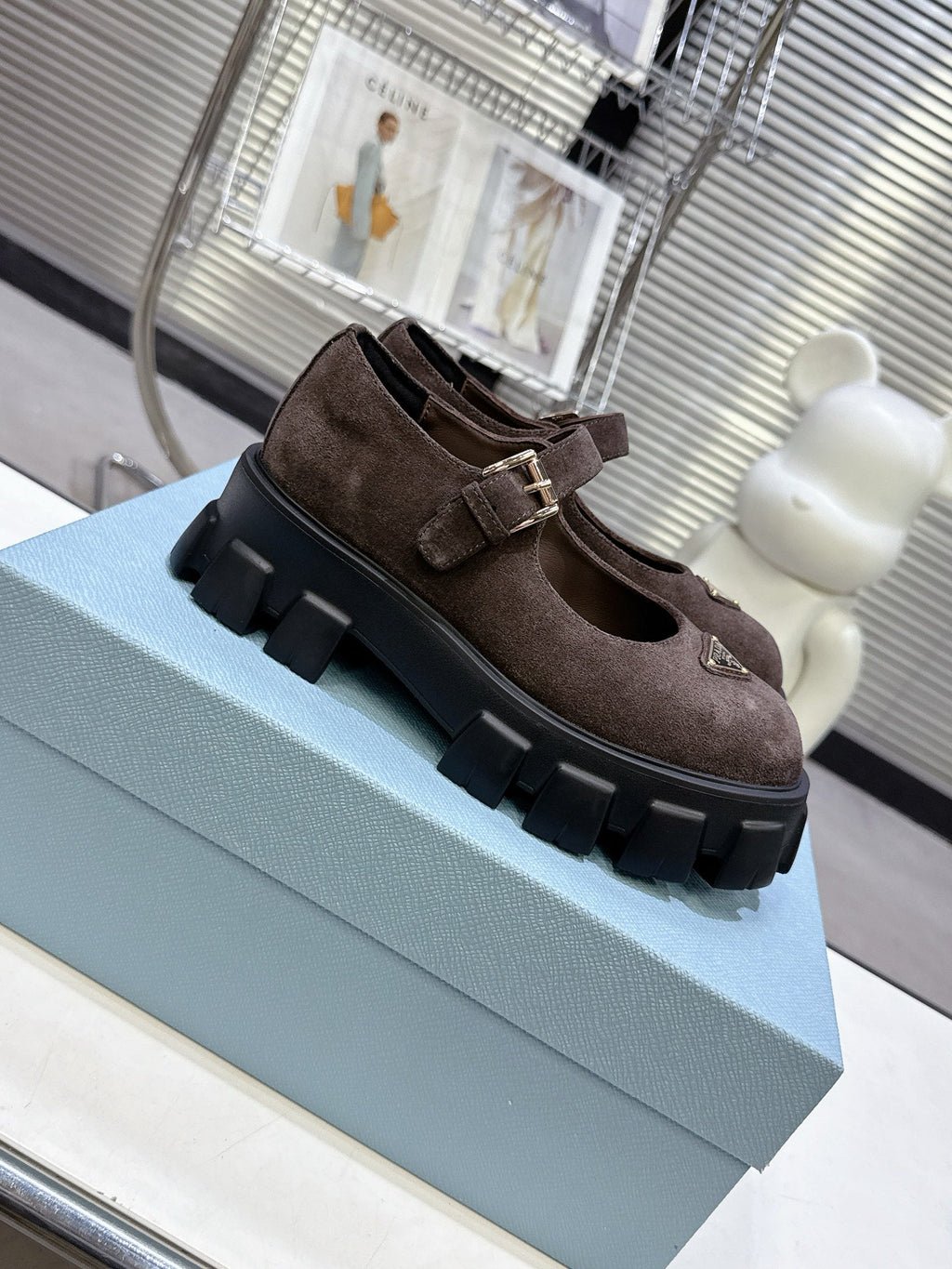 PRADA 25S PLATFORM MARY JANE SHOES IN DARK BROWN SUEDE