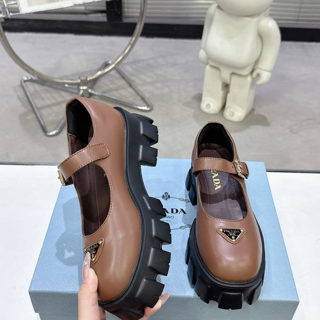PRADA 25S PLATFORM MARY JANE SHOES IN BROWN CALFSKIN