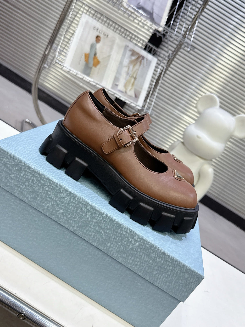 PRADA 25S PLATFORM MARY JANE SHOES IN BROWN CALFSKIN