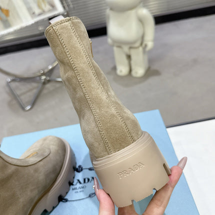 PRADA 25S ZIP-UP ANKLE BOOTS IN BEIGE SUEDE