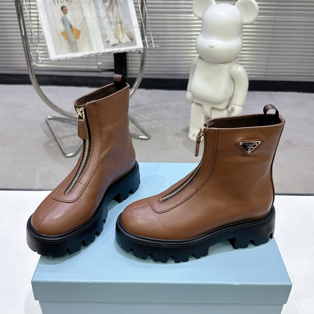 PRADA 25S ZIP-UP ANKLE BOOTS IN BROWN CALFSKIN