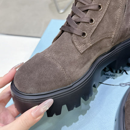 PRADA 25S WARRIOR BOOTS IN DARK BROWN SUEDE