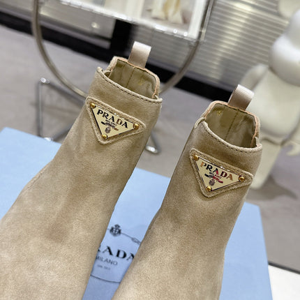 PRADA 25S RETRO PLATFORM MARTIN ANKLE BOOTS IN BEIGE SUEDE