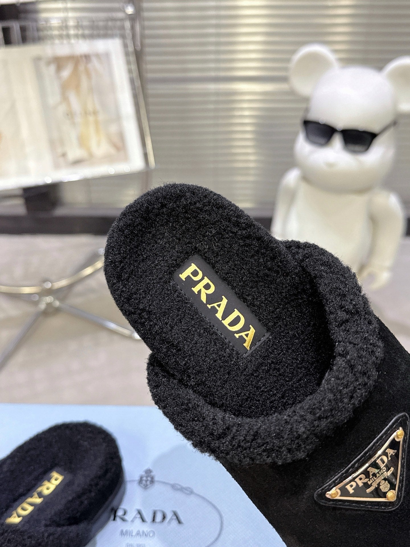 PRADA 25S FUR-LINED SABOT MULES IN BLACK SUEDE