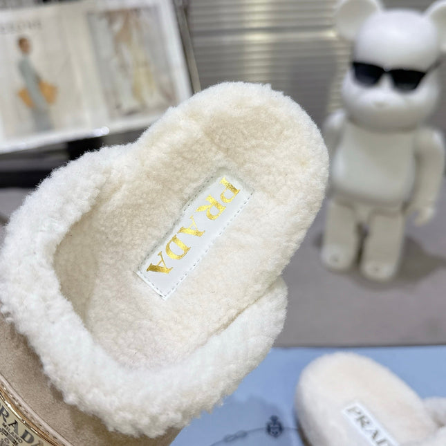 PRADA 25S FUR-LINED SABOT MULES IN BEIGE SUEDE