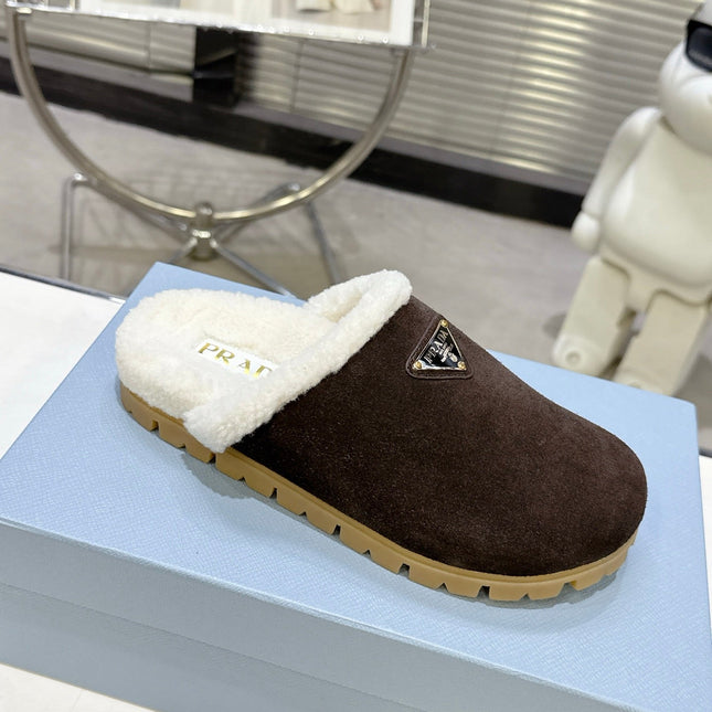 PRADA 25S FUR-LINED MULES IN DARK BROWN SUEDE