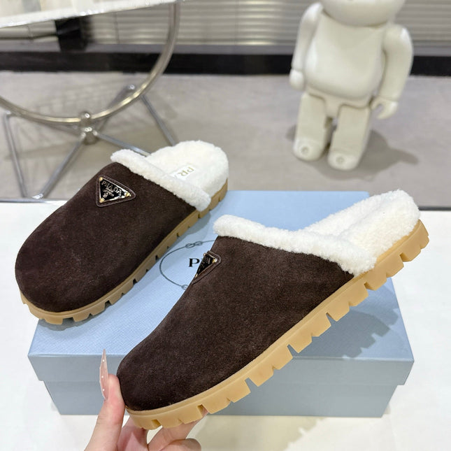 PRADA 25S FUR-LINED MULES IN DARK BROWN SUEDE