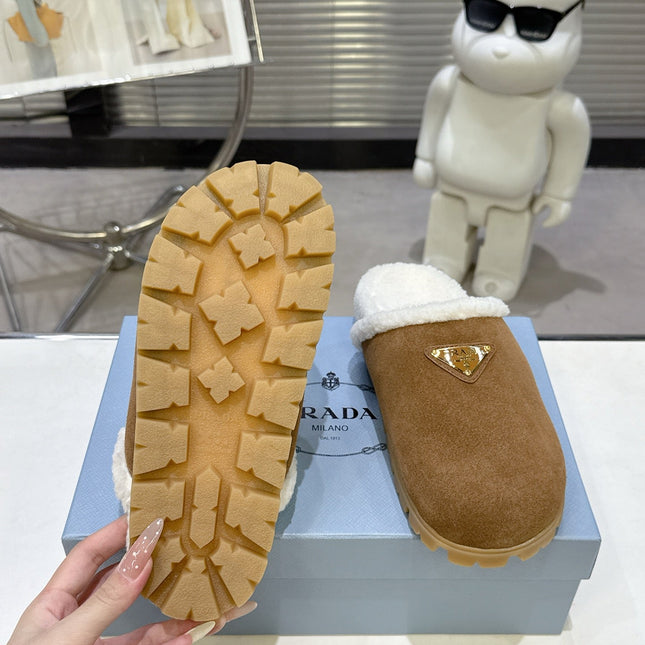 PRADA 25S FUR-LINED MULES IN BROWN SUEDE