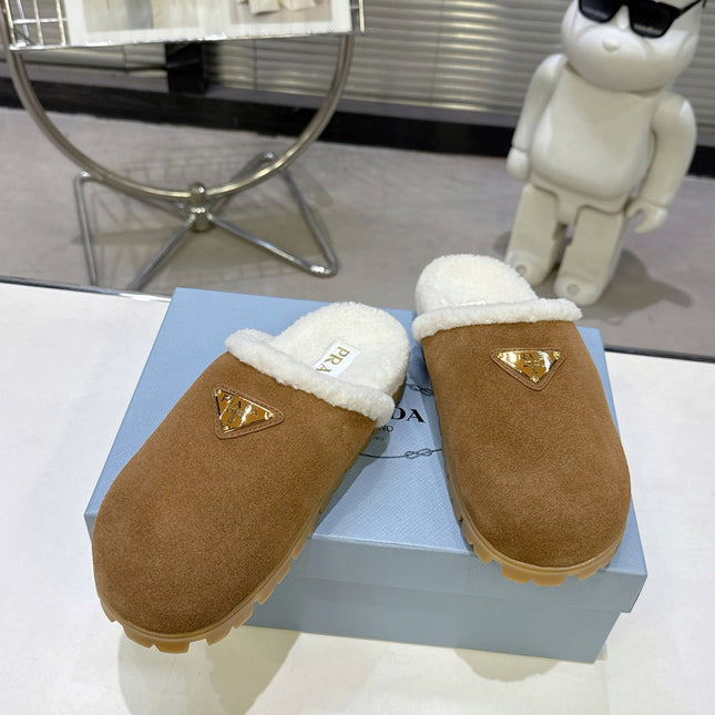 PRADA 25S FUR-LINED MULES IN BROWN SUEDE