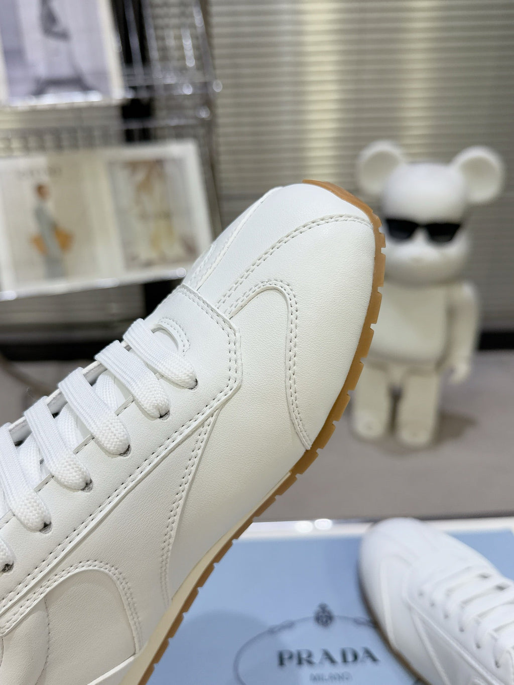 PRADA 26S LACE UP SNEAKERS IN WHITE CALFSKIN