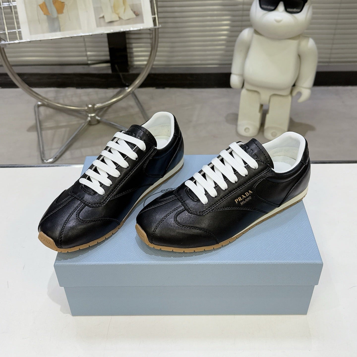 PRADA 26S LACE UP SNEAKERS IN BLACK CALFSKIN