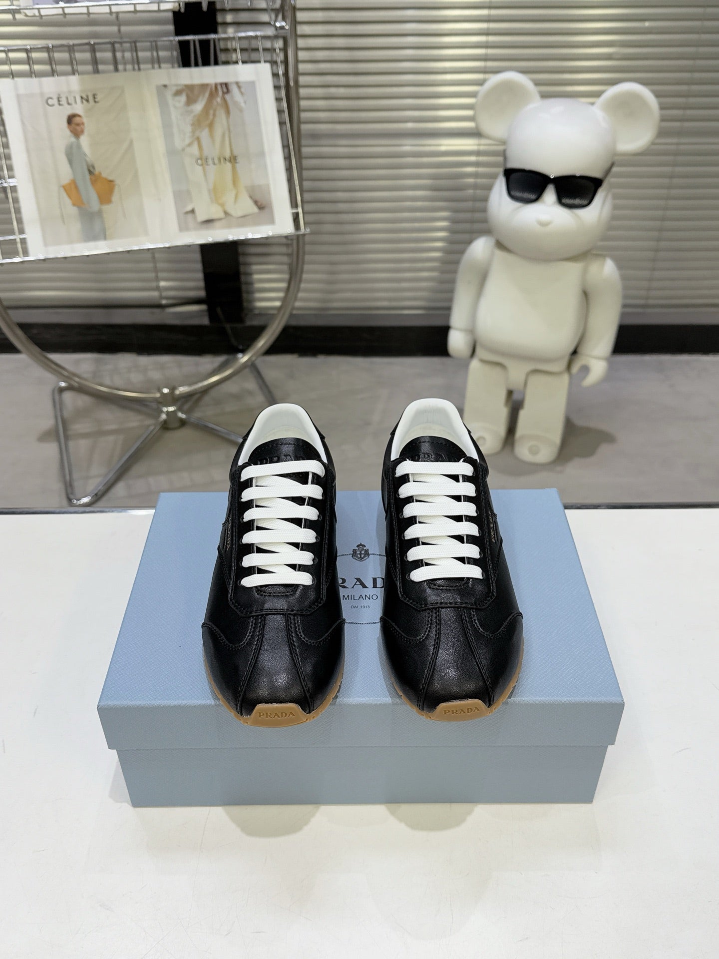 PRADA 26S LACE UP SNEAKERS IN BLACK CALFSKIN