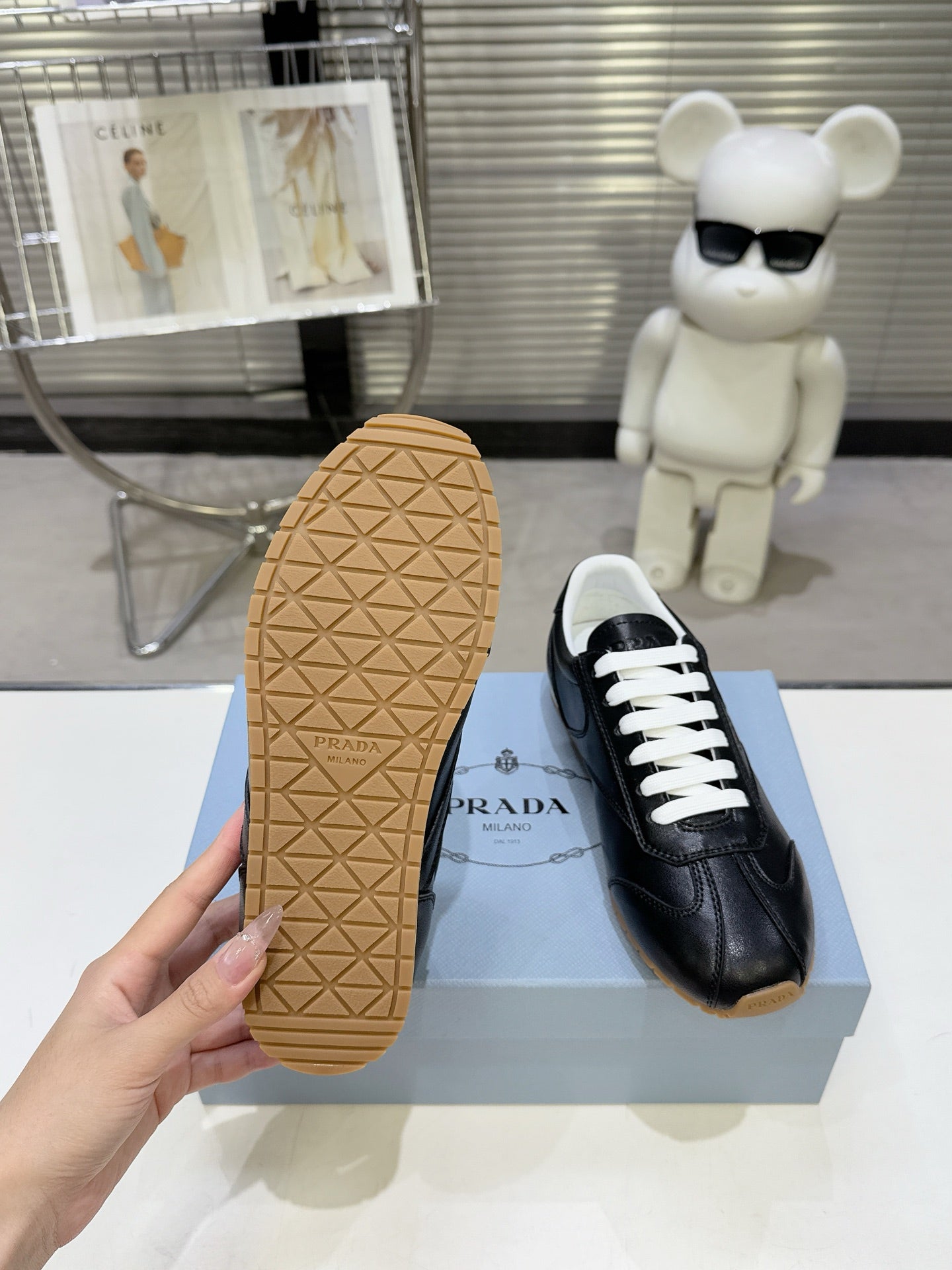 PRADA 26S LACE UP SNEAKERS IN BLACK CALFSKIN