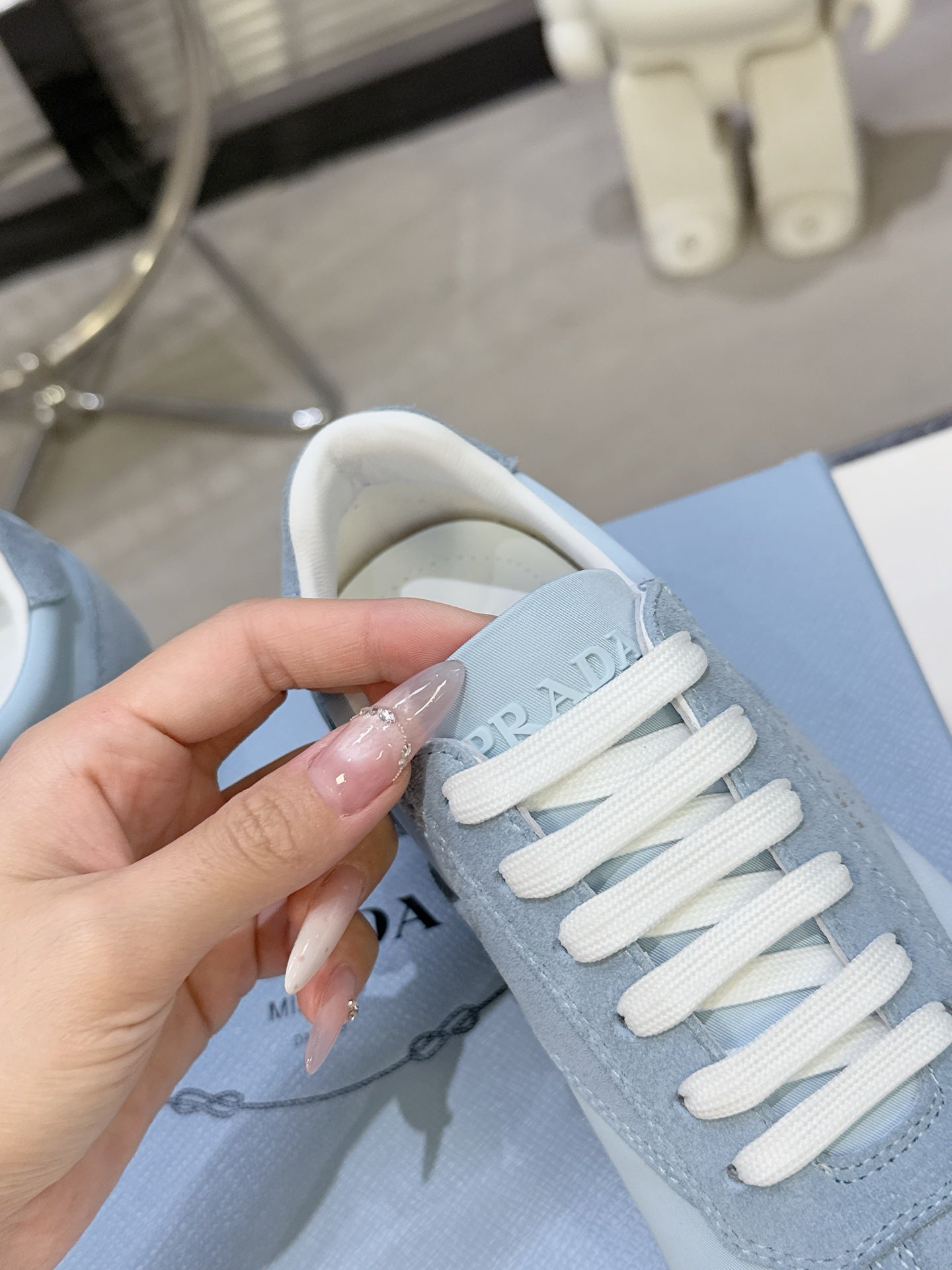PRADA 26S LACE UP SNEAKERS IN LIGHT BLUE NYLON AND SUEDE