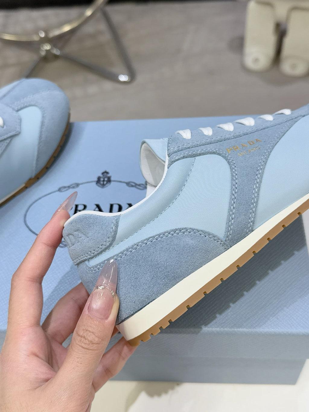 PRADA 26S LACE UP SNEAKERS IN LIGHT BLUE NYLON AND SUEDE