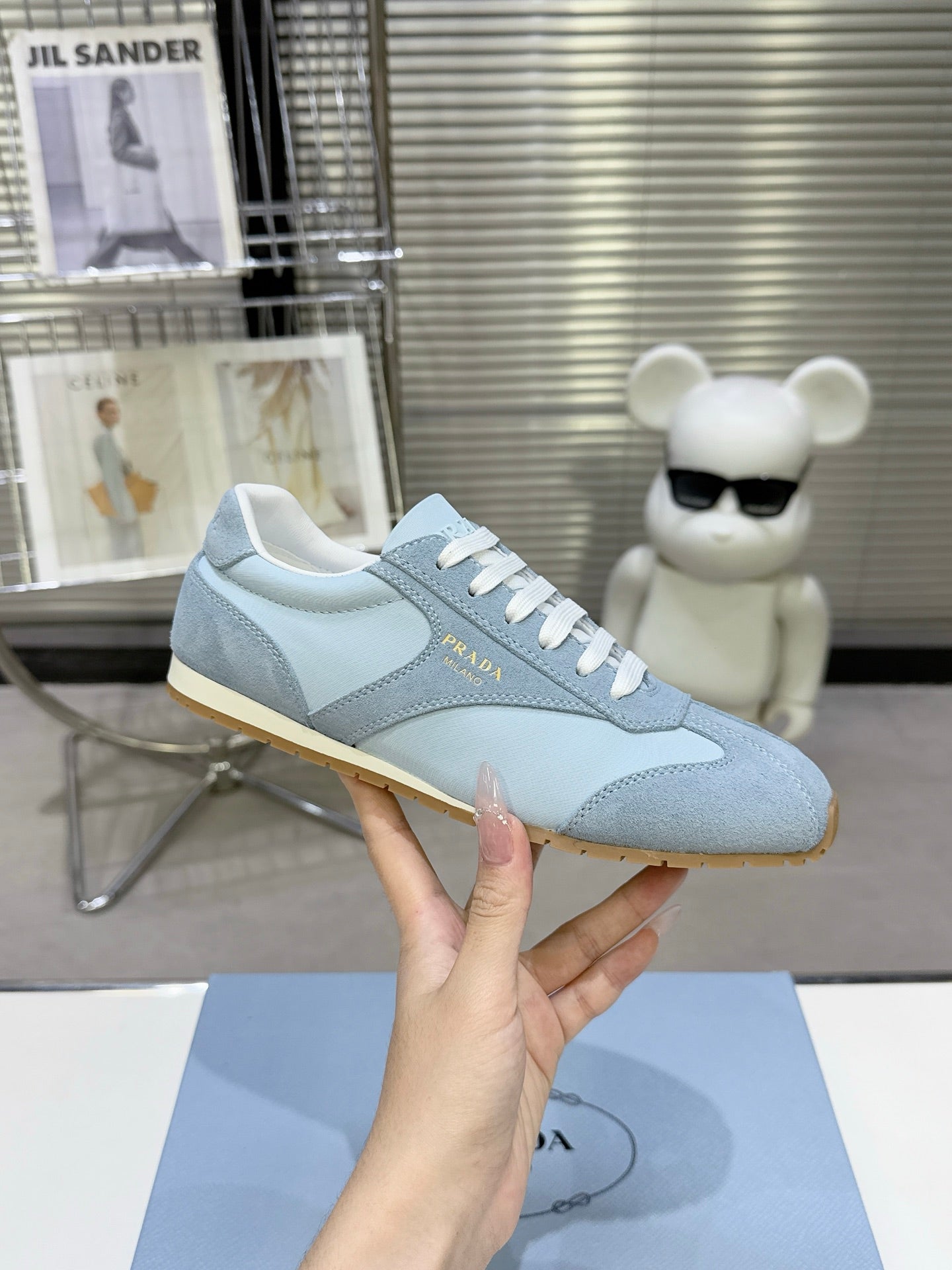 PRADA 26S LACE UP SNEAKERS IN LIGHT BLUE NYLON AND SUEDE