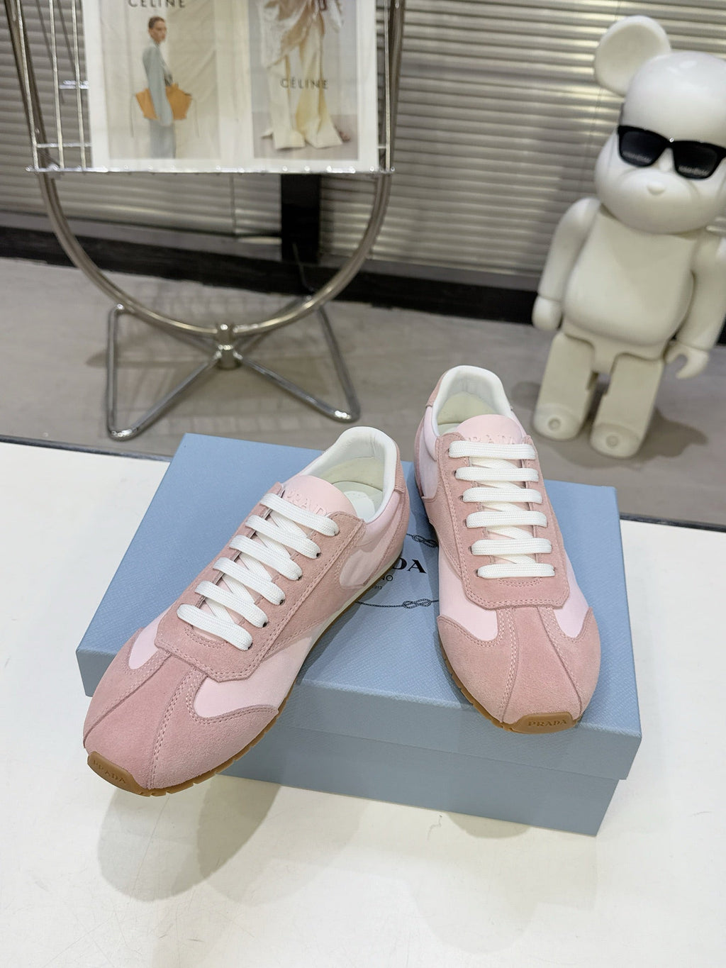 PRADA 26S LACE UP SNEAKERS IN PINK NYLON AND SUEDE