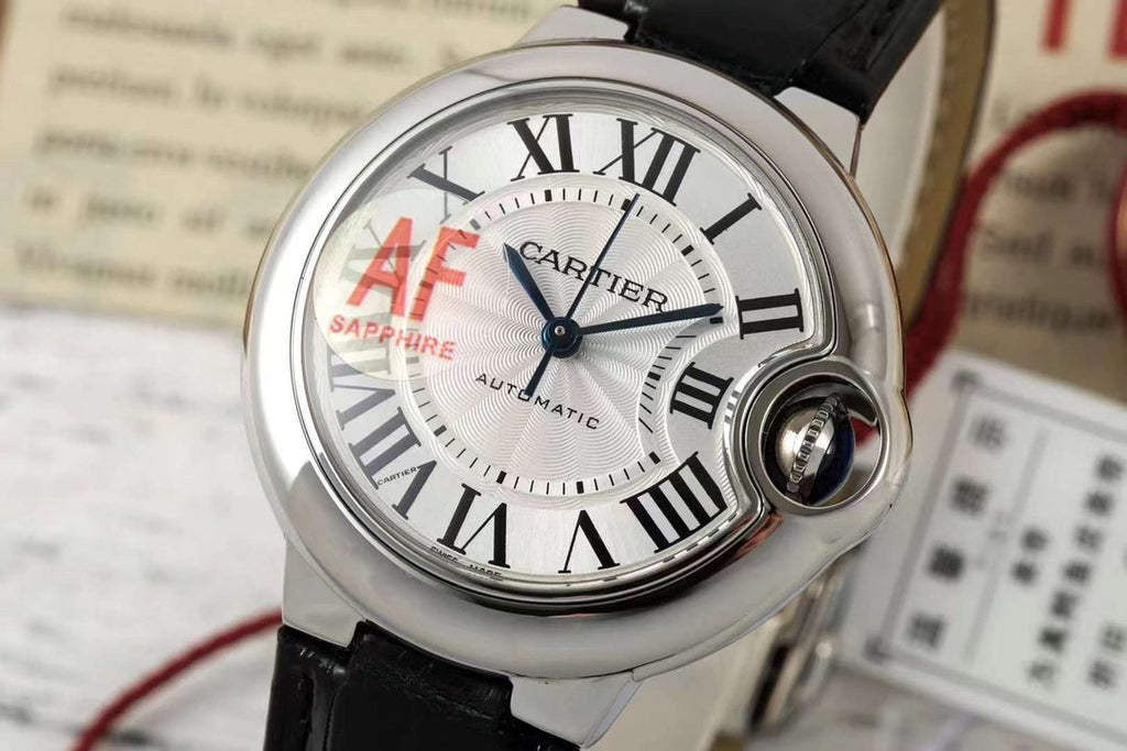 BALLON BLEU DE CARTIER 33 MM WATCH SILVER CASE WITH BLACK SMOOTH LEATHER STRAP