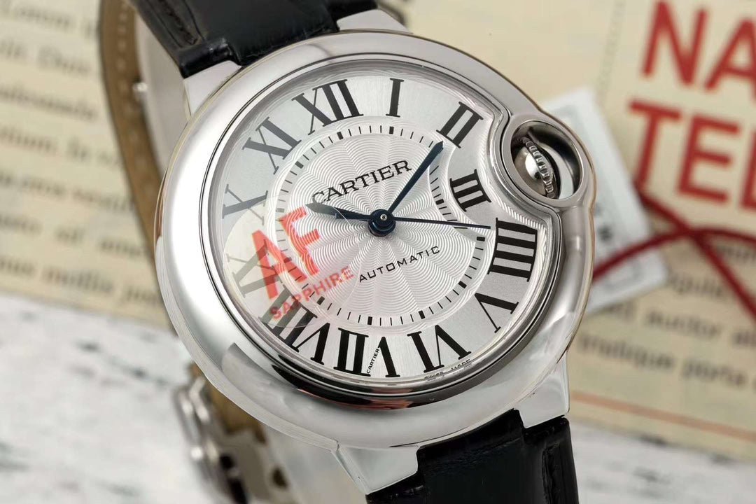 BALLON BLEU DE CARTIER 33 MM WATCH SILVER CASE WITH BLACK SMOOTH LEATHER STRAP