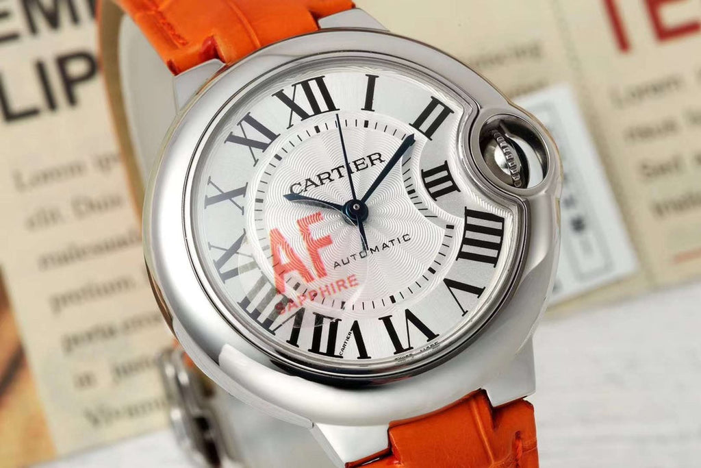 BALLON BLEU DE CARTIER 33 MM WATCH SILVER CASE WITH VIVID ORANGE LEATHER STRAP