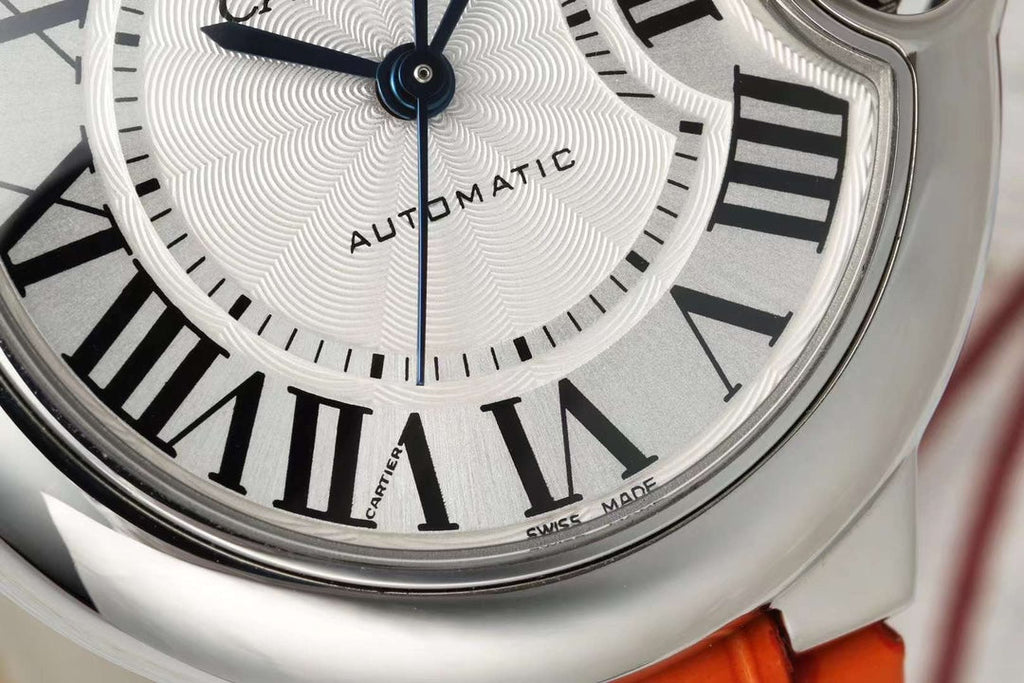 BALLON BLEU DE CARTIER 33 MM WATCH SILVER CASE WITH VIVID ORANGE LEATHER STRAP