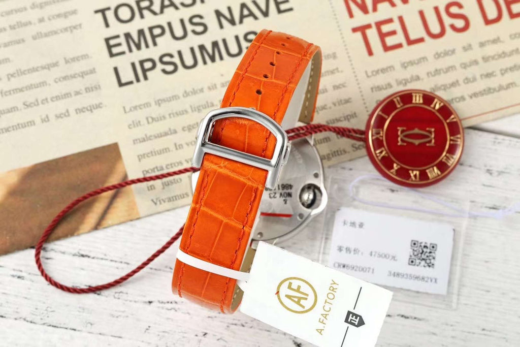BALLON BLEU DE CARTIER 33 MM WATCH SILVER CASE WITH VIVID ORANGE LEATHER STRAP