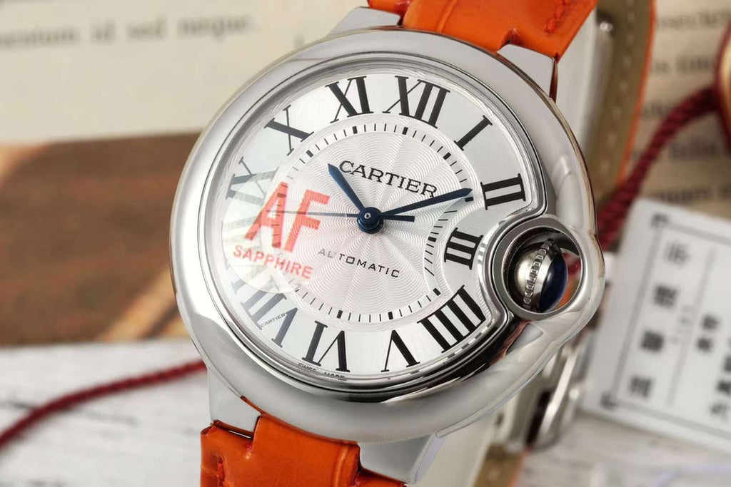 BALLON BLEU DE CARTIER 33 MM WATCH SILVER CASE WITH VIVID ORANGE LEATHER STRAP