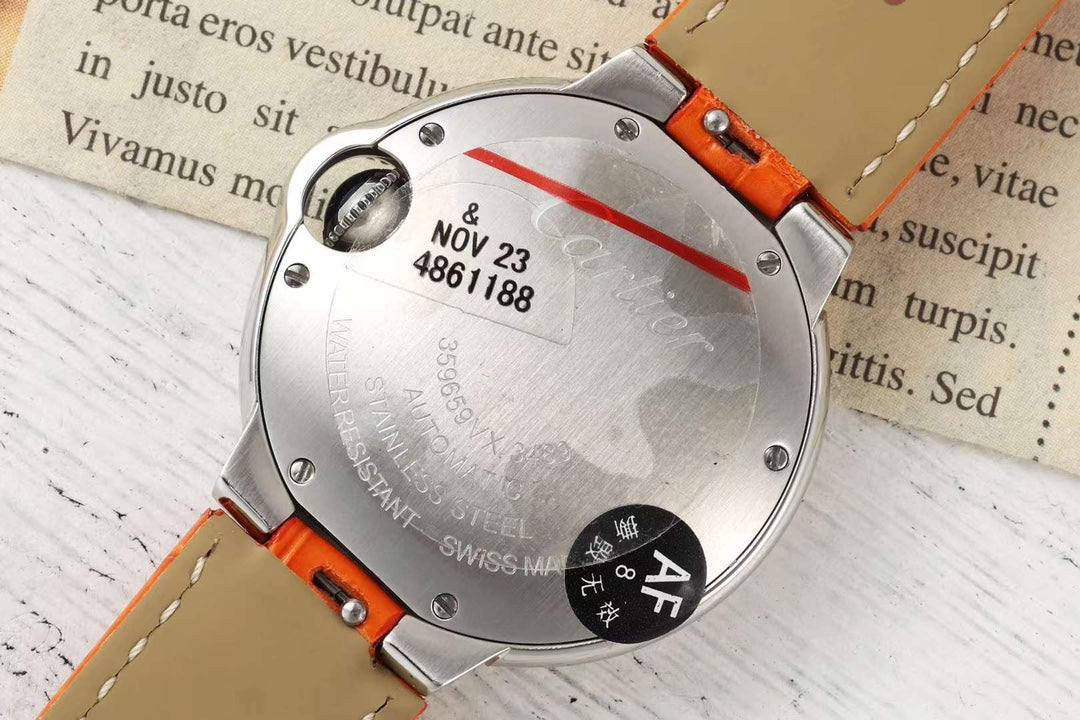 BALLON BLEU DE CARTIER 33 MM WATCH SILVER CASE WITH VIVID ORANGE LEATHER STRAP