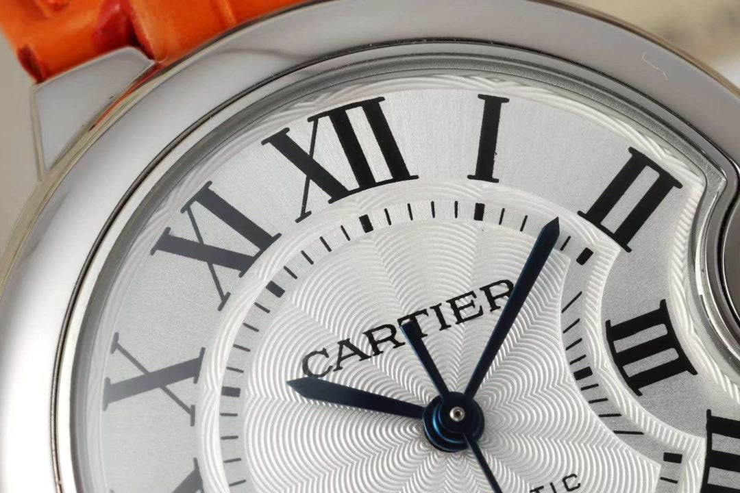 BALLON BLEU DE CARTIER 33 MM WATCH SILVER CASE WITH VIVID ORANGE LEATHER STRAP