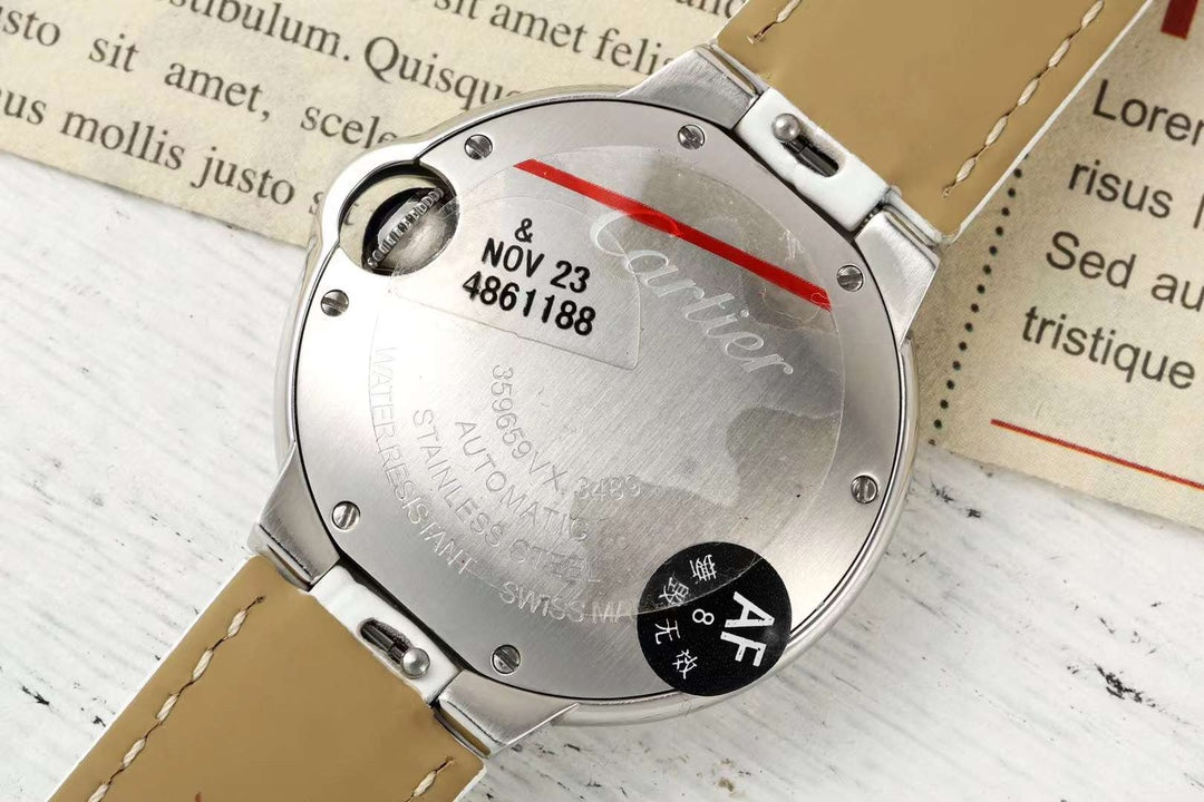BALLON BLEU DE CARTIER 33 MM WATCH SILVER CASE WITH WHITE LEATHER STRAP