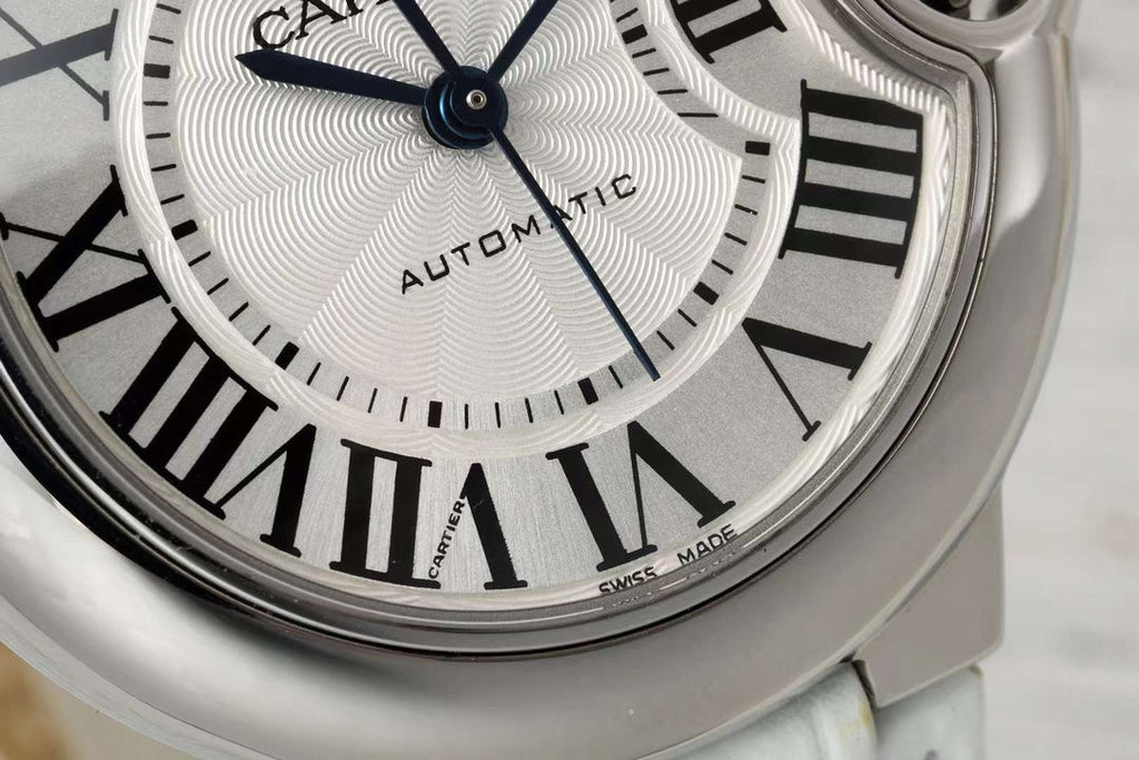 BALLON BLEU DE CARTIER 33 MM WATCH SILVER CASE WITH WHITE LEATHER STRAP